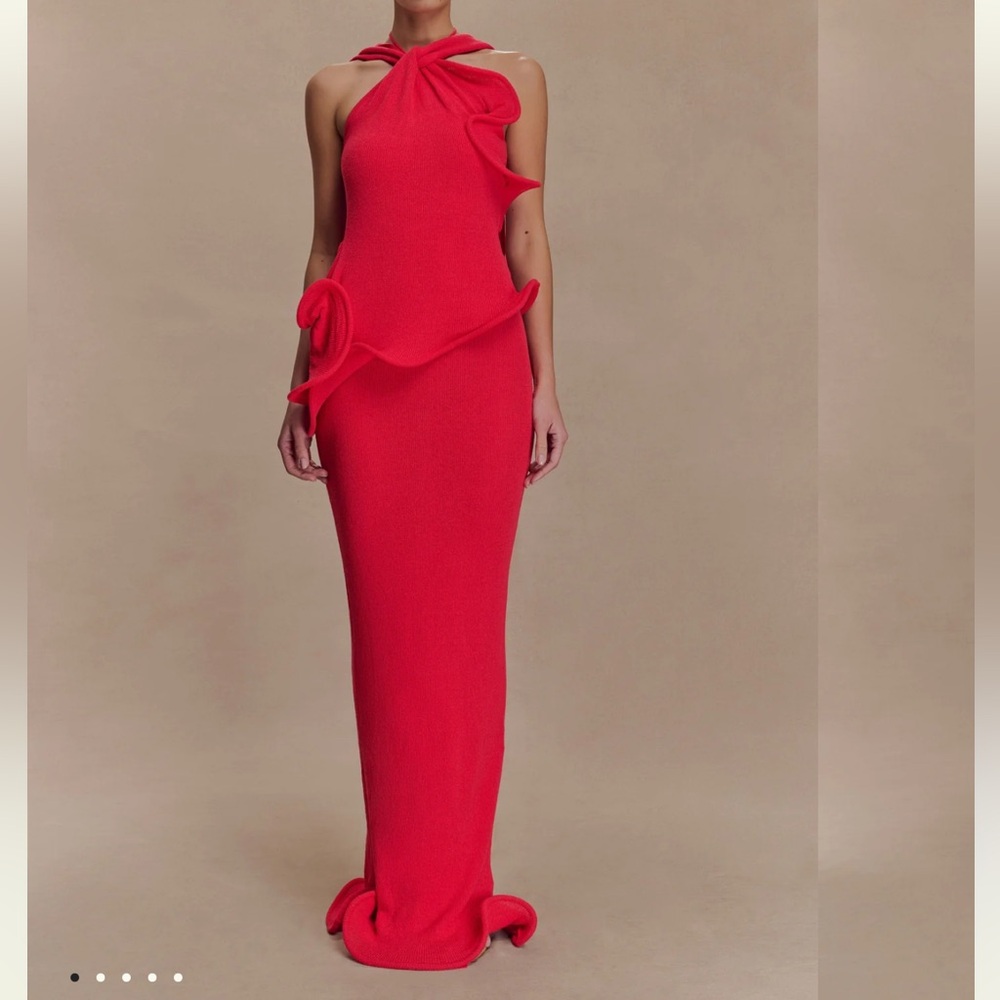 NWT. MESHKI Caprice Halter Knit Maxi Dress - Red